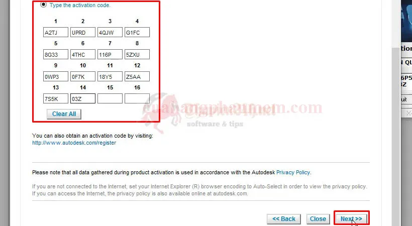 Nhập thông tin và mã kích hoạt vào cửa sổ AutoCAD 2010