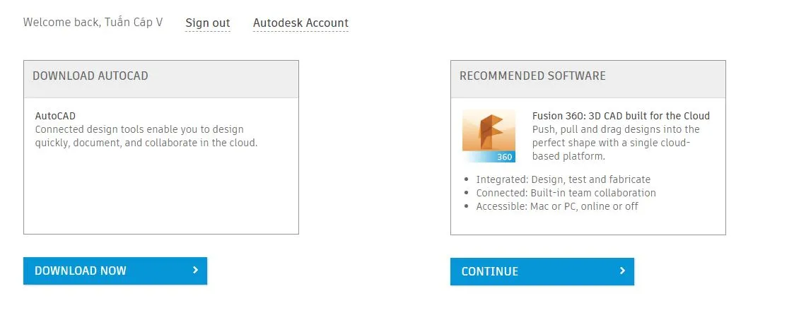 Nút &quot;Download Now&quot; để bắt đầu quá trình tải AutoCAD 2017 bản sinh viên miễn phí