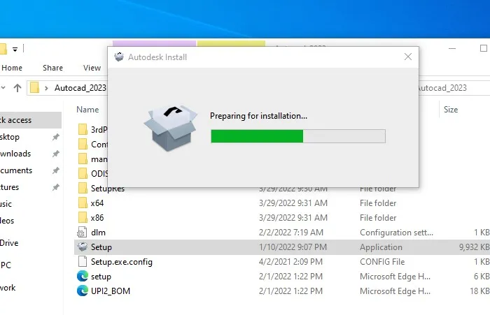 Quá trình giải nén bộ cài đặt của phần mềm AutoCAD 2023 đang diễn ra, chuẩn bị cho việc cài đặt.