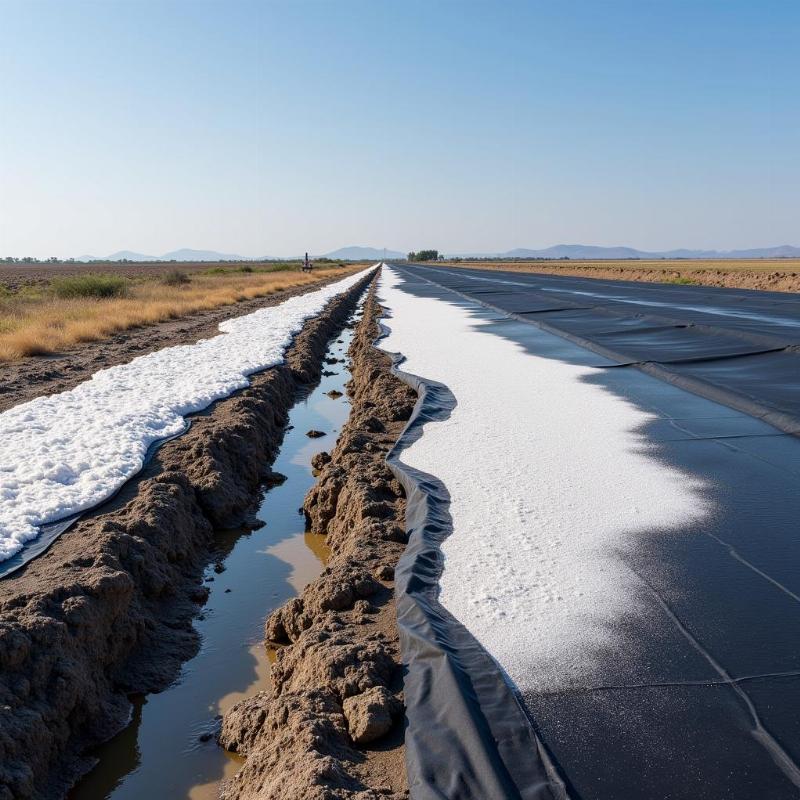 Kỹ thuật viên đang thực hiện hàn nối các tấm màng HDPE bằng máy hàn chuyên dụng để đảm bảo tính kín khít tuyệt đối cho công trình thủy lợi.