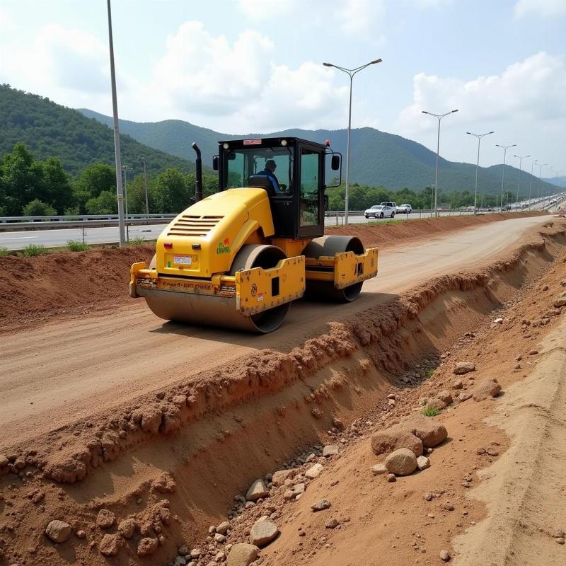 Quy trình thi công lớp đệm bảo vệ cho rọ đá, bao gồm trải vải địa kỹ thuật và lu lèn đá dăm để tạo nền móng vững chắc
