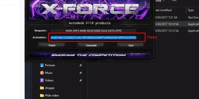 Sao chép dãy mã kích hoạt (Activation code) được tạo ra bởi công cụ keygen