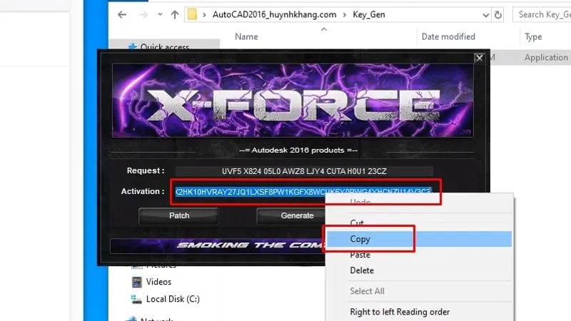 Sao chép mã Activation code từ keygen để kích hoạt AutoCAD 2016