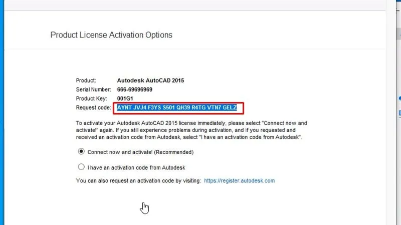 Sao chép mã Request code từ cửa sổ kích hoạt AutoCAD 2015