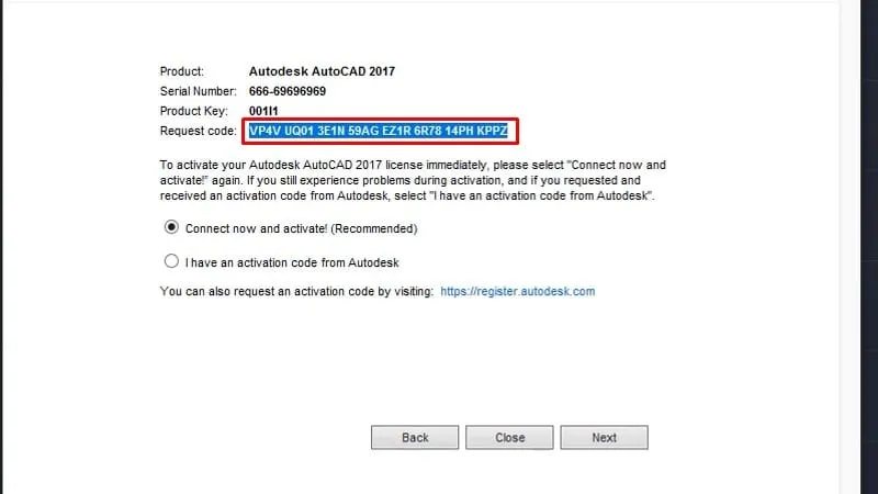Sao chép mã Request code từ cửa sổ kích hoạt AutoCAD 2017