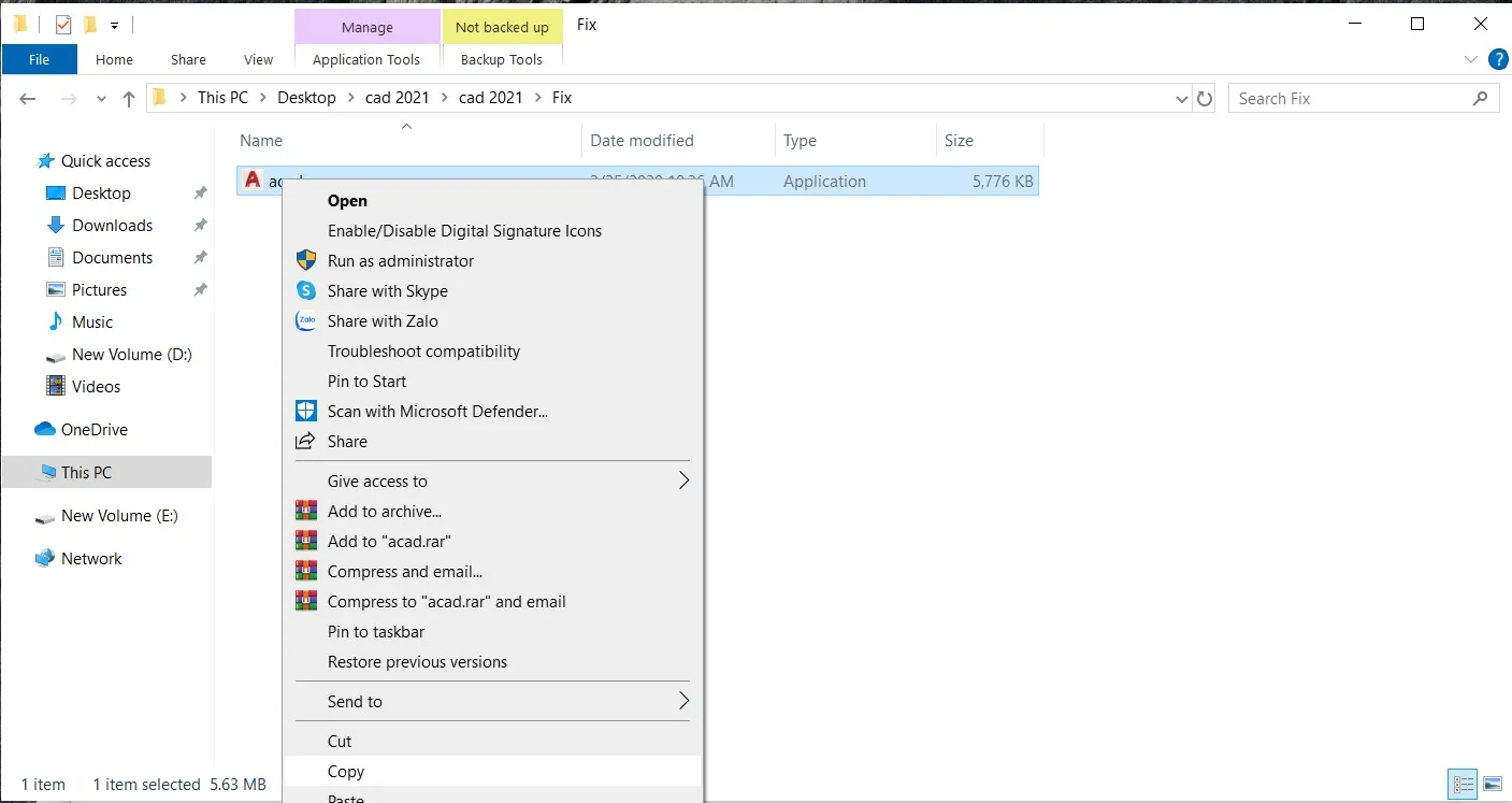 Sao chép tệp tin acad.exe từ thư mục crack để kích hoạt AutoCAD 2021