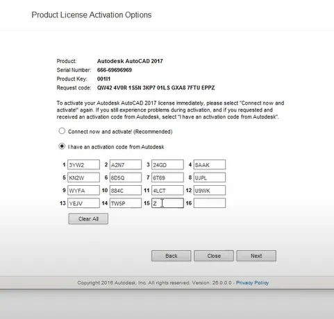 Sao chép và dán mã kích hoạt đã tạo vào các ô trống trong cửa sổ kích hoạt AutoCAD 2017