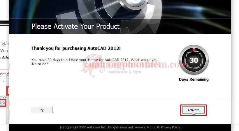 Sau khi đóng thông báo lỗi, chọn lại &quot;Activate&quot; để tiếp tục quá trình kích hoạt AutoCAD 2012.