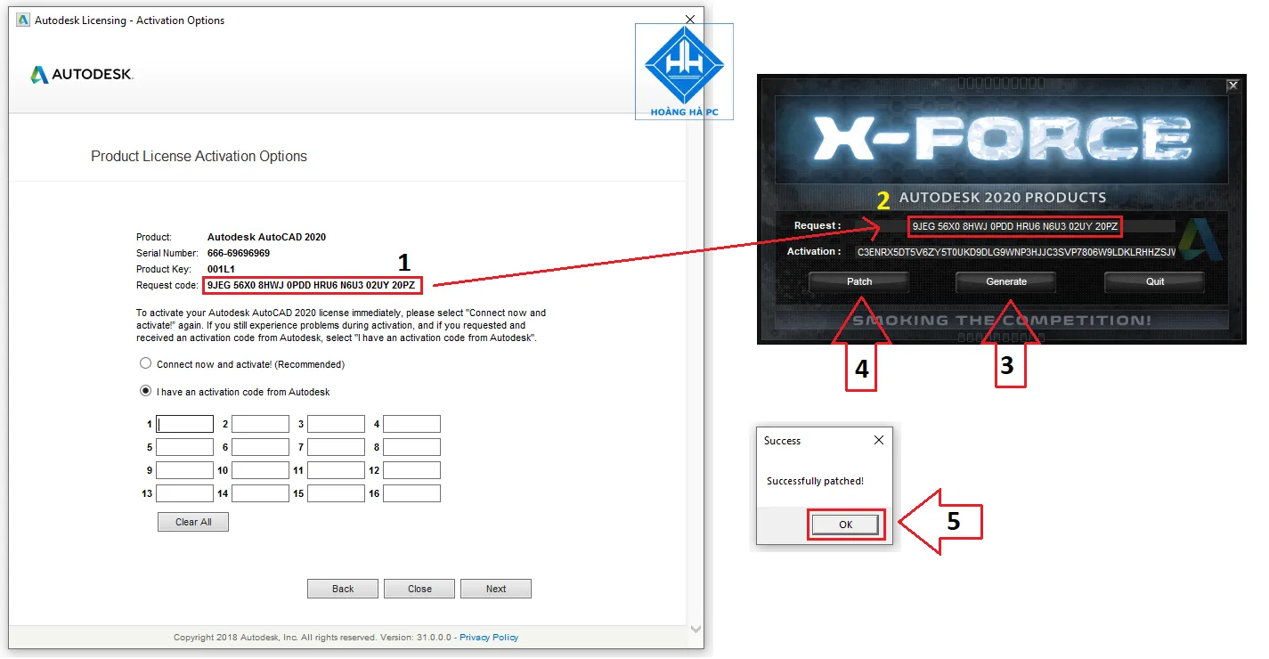Sử dụng X-Force Keygen để tạo mã kích hoạt cho AutoCAD 2020, sao chép Request Code và dán vào Keygen để Generate