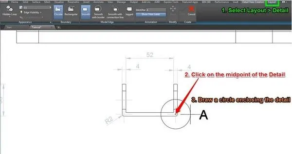 Tạo chi tiết phóng lớn (Detail View) của một phần bản vẽ kỹ thuật trong AutoCAD 2020 để hiển thị rõ hơn.