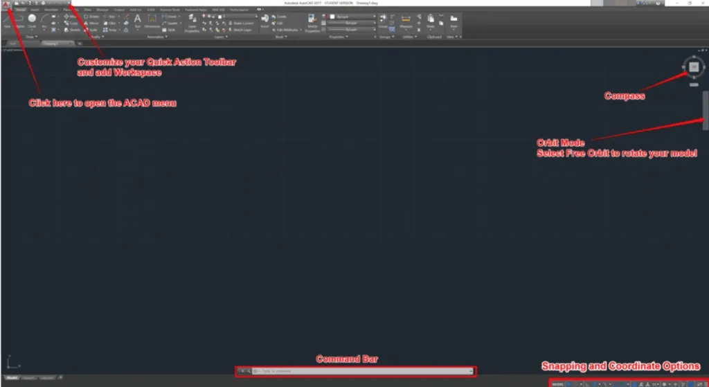 Thanh lệnh và các công cụ điều hướng chính trong không gian làm việc của AutoCAD 2020.