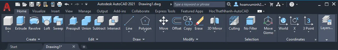 Thanh Ribbon của AutoCAD sau khi chuyển sang giao diện thiết kế 3D, hiển thị các công cụ dựng hình 3D