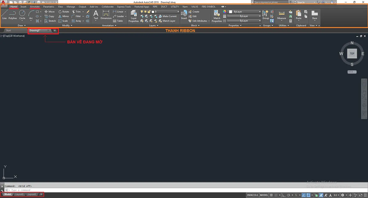 Thanh Ribbon hiển thị các lệnh chính trong giao diện AutoCAD, giúp người dùng dễ dàng truy cập các công cụ vẽ và chỉnh sửa cơ bản.