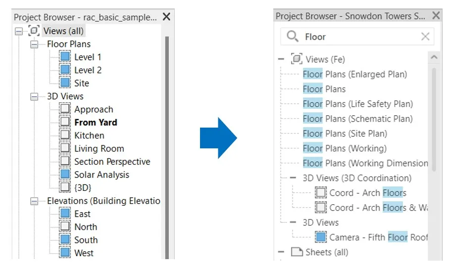 Thanh tìm kiếm được bổ sung trong Project Browser của Revit 2024
