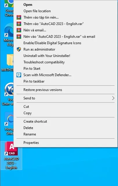 Thao tác chọn 'Open file location' để truy cập thư mục cài đặt của AutoCAD 2023 trên máy tính.