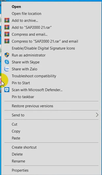 Thao tác chuột phải vào biểu tượng SAP2000 trên màn hình, hiển thị tùy chọn &quot;Open file location&quot; để mở thư mục cài đặt phần mềm và dán các file kích hoạt bản quyền.