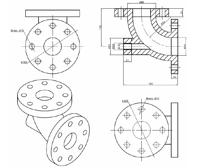 Thiết kế 3D của một bộ phận máy với các đường cắt phức tạp và nhiều chi tiết