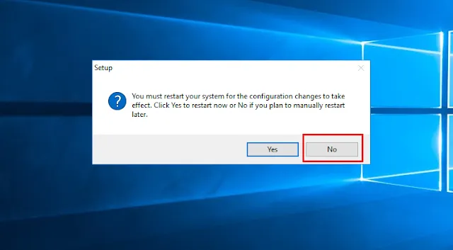 Thông báo hoàn tất cài đặt AutoCAD 2018, hỏi người dùng có muốn khởi động lại máy tính, nên chọn &quot;No&quot; để tiếp tục kích hoạt.