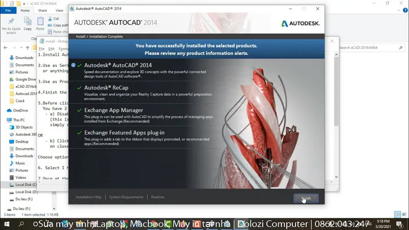 Thông báo hoàn thành cài đặt Autocad 2014, sẵn sàng cho bước kích hoạt tiếp theo