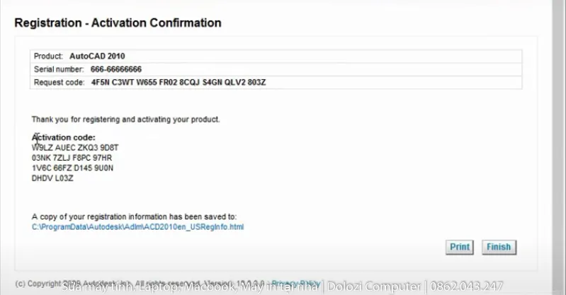 Thông báo kích hoạt AutoCAD 2010 thành công, xác nhận bản quyền vĩnh viễn đã được áp dụng