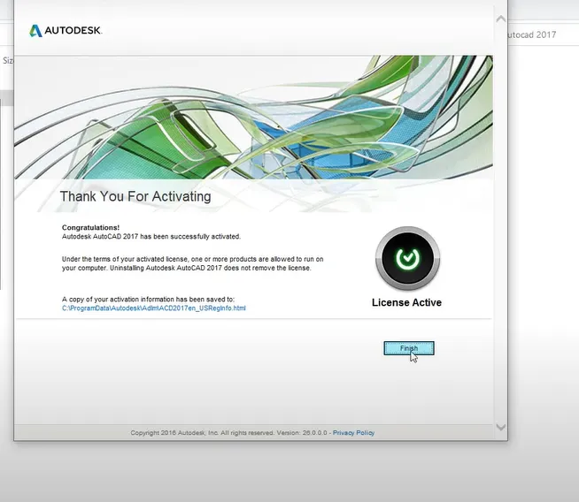 Thông báo kích hoạt AutoCAD 2017 thành công, sẵn sàng sử dụng bản quyền vĩnh viễn
