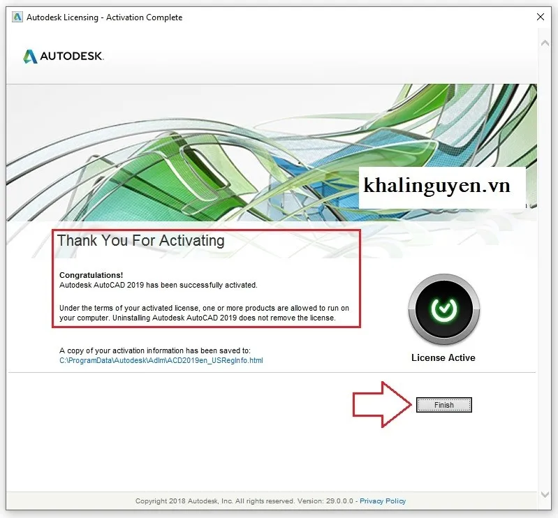 Thông báo kích hoạt AutoCAD 2019 thành công