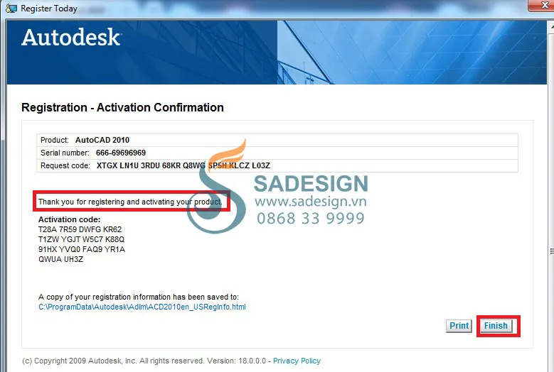 Thông báo kích hoạt bản quyền AutoCAD 2010 thành công, cho phép sử dụng đầy đủ các tính năng trên Windows 10.