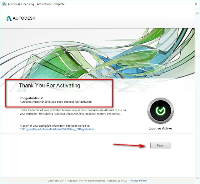 Thông báo kích hoạt phần mềm AutoCAD 2018 thành công, nhấn 'Finish'