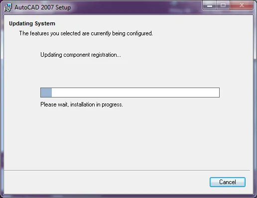 Thông báo một phần cài đặt AutoCAD 2007 đã hoàn tất, chuẩn bị chuyển sang bước tiếp theo.