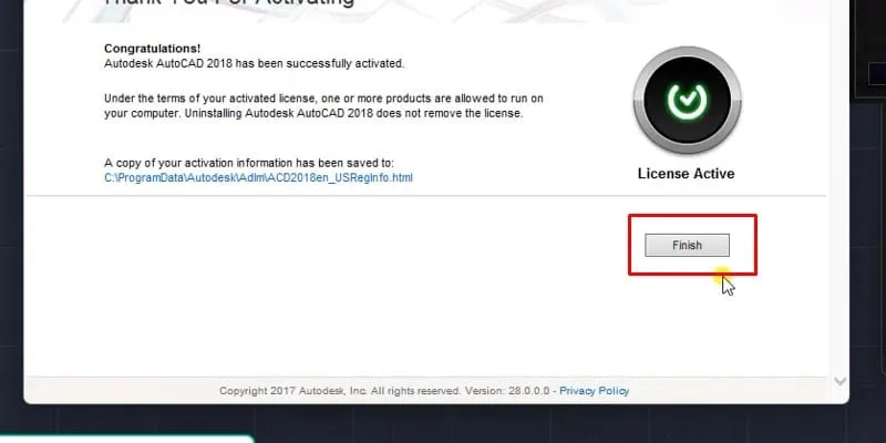 Thông báo xác nhận hoàn thành quá trình cài đặt và kích hoạt thành công AutoCAD 2018