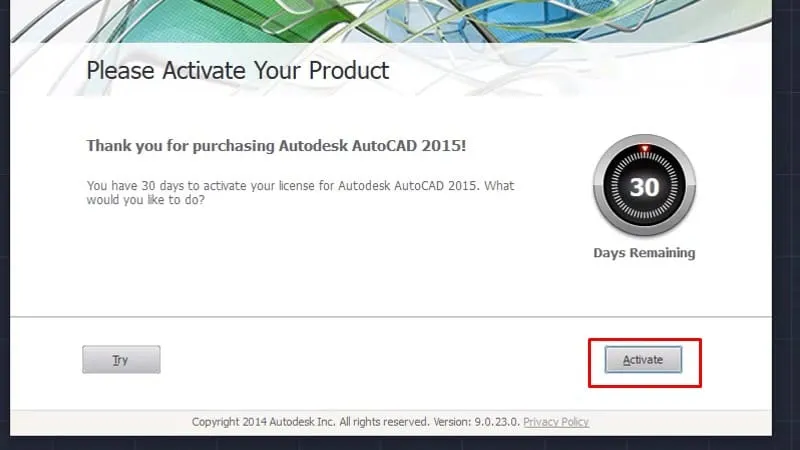 Thử lại kích hoạt AutoCAD 2015 bằng cách bấm Activate lần nữa