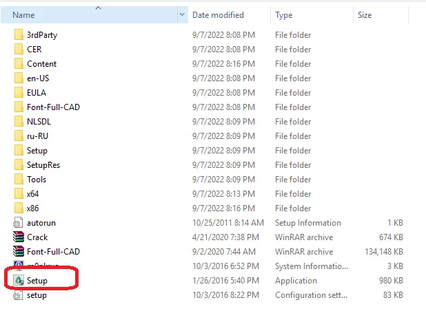Thư mục cài đặt AutoCAD Electrical 2020 sau khi giải nén, hiển thị tệp Setup.exe
