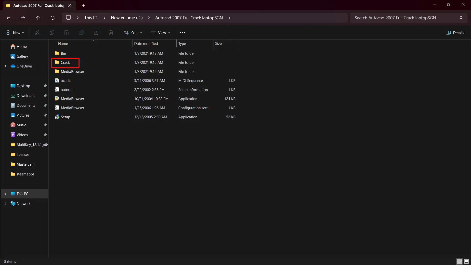 Thư mục chứa các tệp tin để kích hoạt bản quyền (cr@ck) phần mềm AutoCAD 2007.