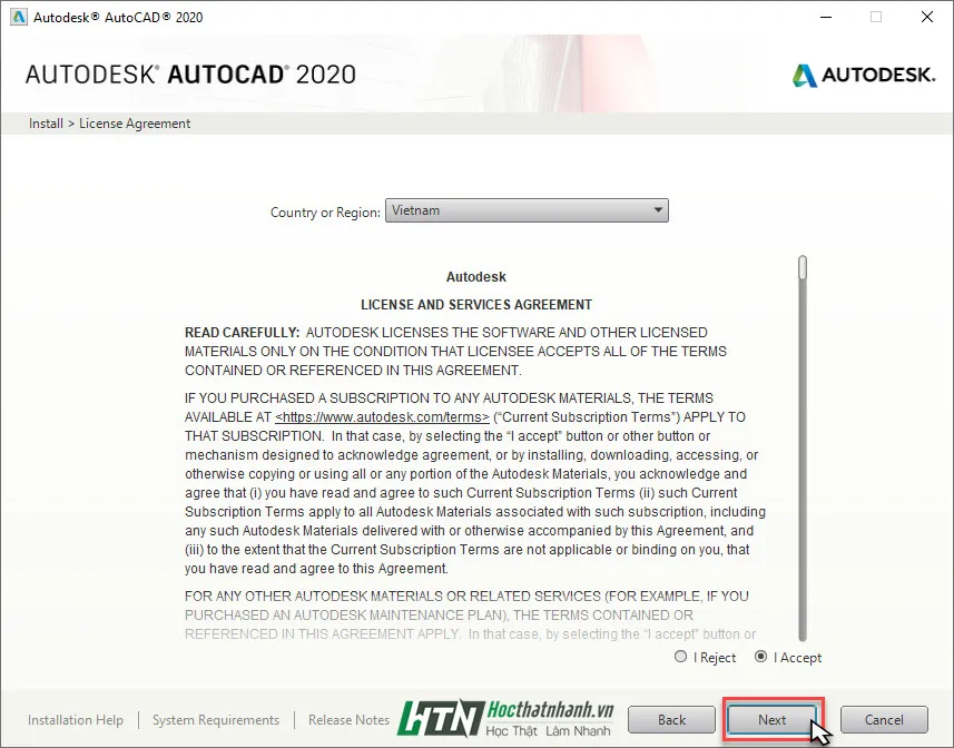 Thực hiện Bước 3 khi cài đặt AutoCAD, chọn 'I Accept' để đồng ý điều khoản sử dụng phần mềm, áp dụng cho bộ cài CAD 2010 và các phiên bản mới hơn.