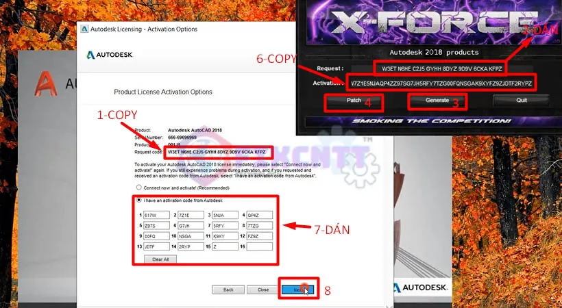 Thực hiện các bước sao chép Request Code, dán vào keygen, nhấn Patch, Generate và dán Activation Code để kích hoạt AutoCAD 2018