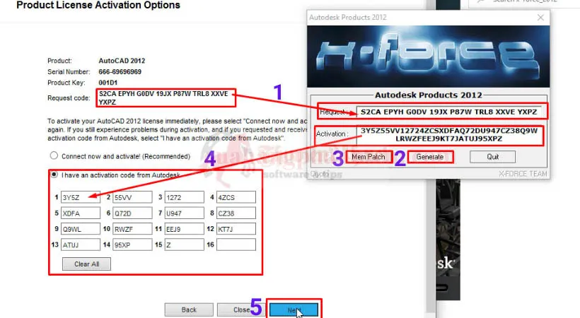 Thực hiện các bước sao chép Request Code và tạo Activation Code trong công cụ kích hoạt cho AutoCAD 2012.