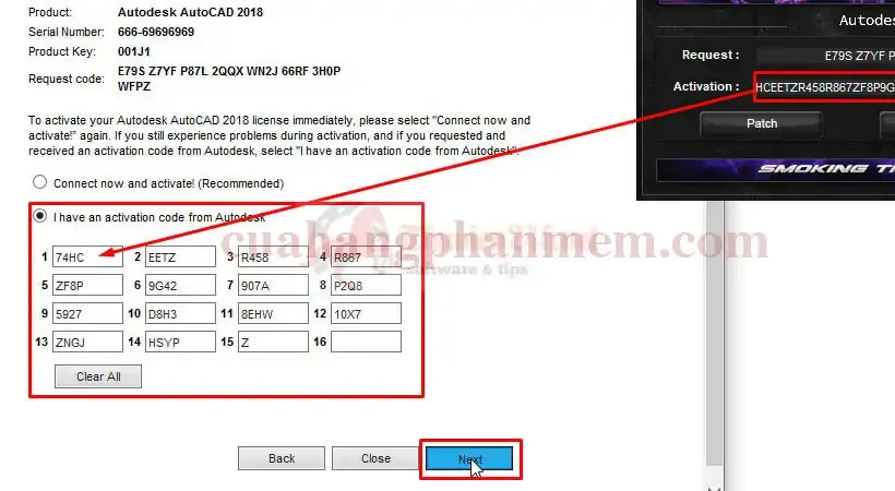 Thực hiện các bước theo hướng dẫn trên công cụ để hoàn tất kích hoạt bản quyền AutoCAD 2018.
