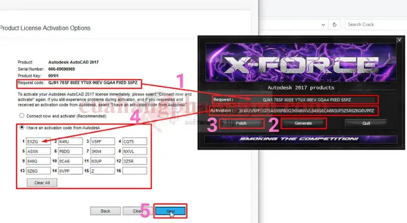 Thực hiện các bước trong Keygen để tạo và nhập mã kích hoạt AutoCAD 2017