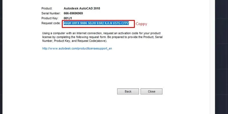 Thực hiện sao chép dãy số yêu cầu (Request code) từ cửa sổ kích hoạt AutoCAD 2018