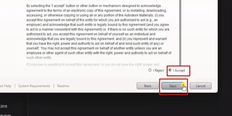 Tích chọn đồng ý với các điều khoản và nhấn 'Next' để tiếp tục cài đặt AutoCAD 2018