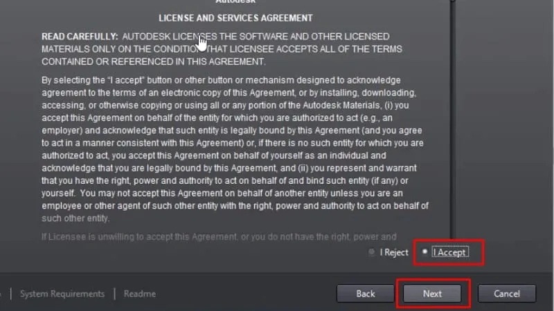Tích chọn &quot;I Accept&quot; để đồng ý với các điều khoản và tiếp tục cài đặt AutoCAD 2014