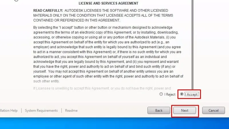 Tích chọn &quot;I Accept&quot; và nhấn Next để chấp nhận các điều khoản của AutoCAD 2017