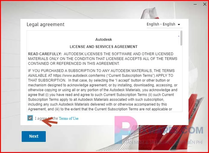 Tích chọn &quot;I agree to the Terms of Use&quot; để đồng ý điều khoản khi cài đặt AutoCAD 2020 full crack từ Pixwares
