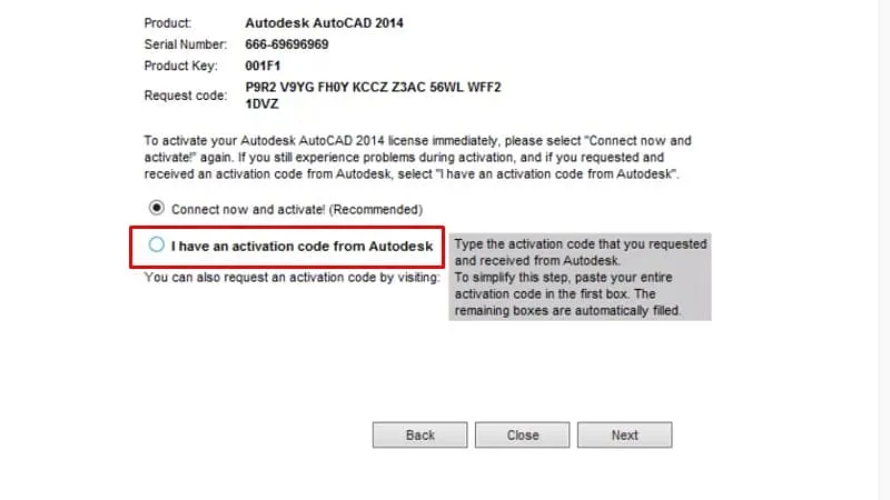 Tích chọn &quot;I have an activation code&quot; để nhập mã kích hoạt cho AutoCAD 2014