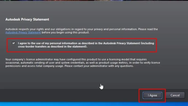 Tích chọn như hình và bấm &quot;I Agree&quot; để tiếp tục sử dụng AutoCAD 2014