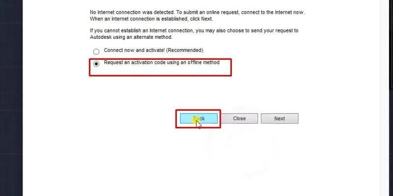 Tích chọn tùy chọn nhập mã kích hoạt và nhấn 'Back' để trở lại bước lựa chọn phương thức kích hoạt