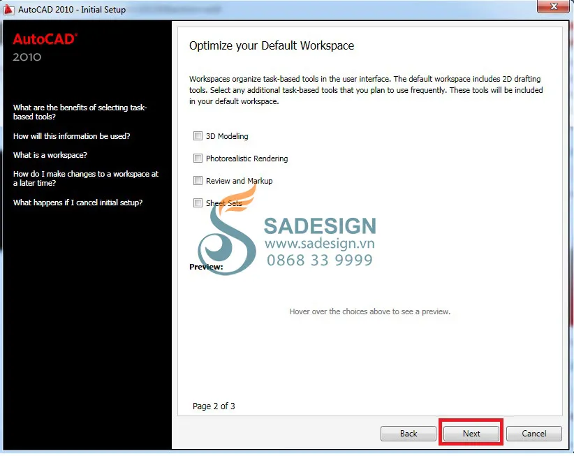Tiếp tục thiết lập ban đầu của AutoCAD 2010 sau khi chọn kiểu không gian làm việc.