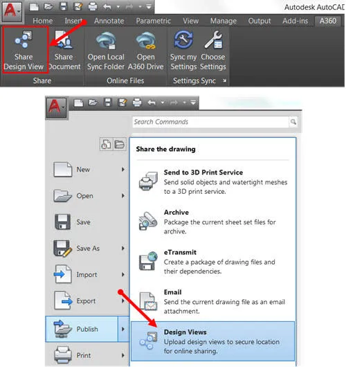 Tính năng Chia sẻ Màn hình Thiết kế (Share DesignView) trong AutoCAD 2018, cho phép chia sẻ bản vẽ chất lượng cao.