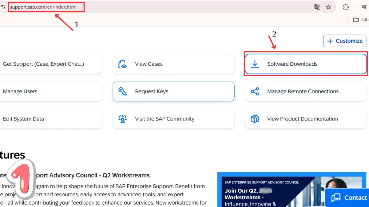 Trang chủ tải phần mềm SAP, hiển thị lựa chọn 'Software Downloads'.