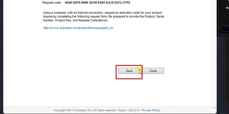 Trong cửa sổ kích hoạt AutoCAD 2018, nhấn nút 'Back' để quay lại bước trước